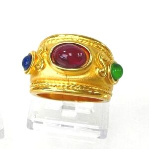 Gold plated ring  with blue red green glass stones size 6
